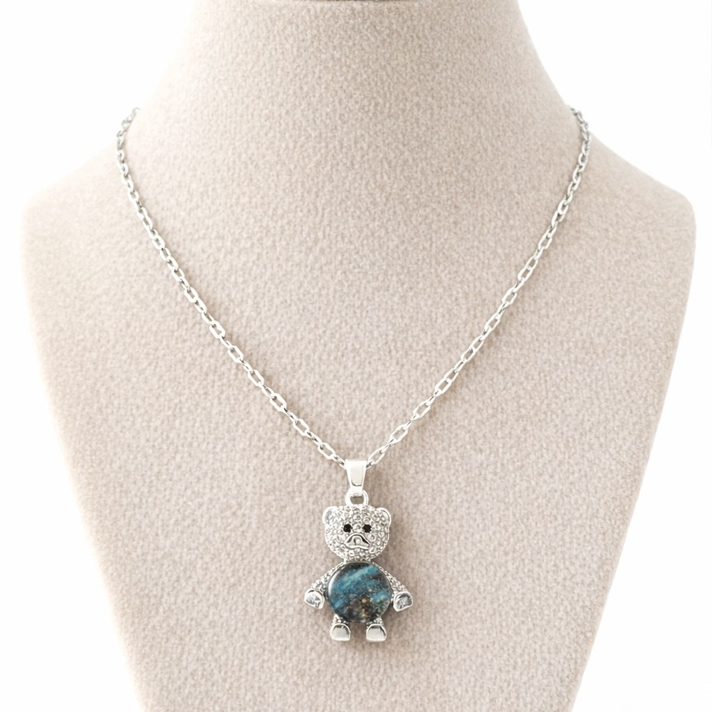 Cute Teddy Bear Pendant Necklace Silver Tone Blue Stone Charm